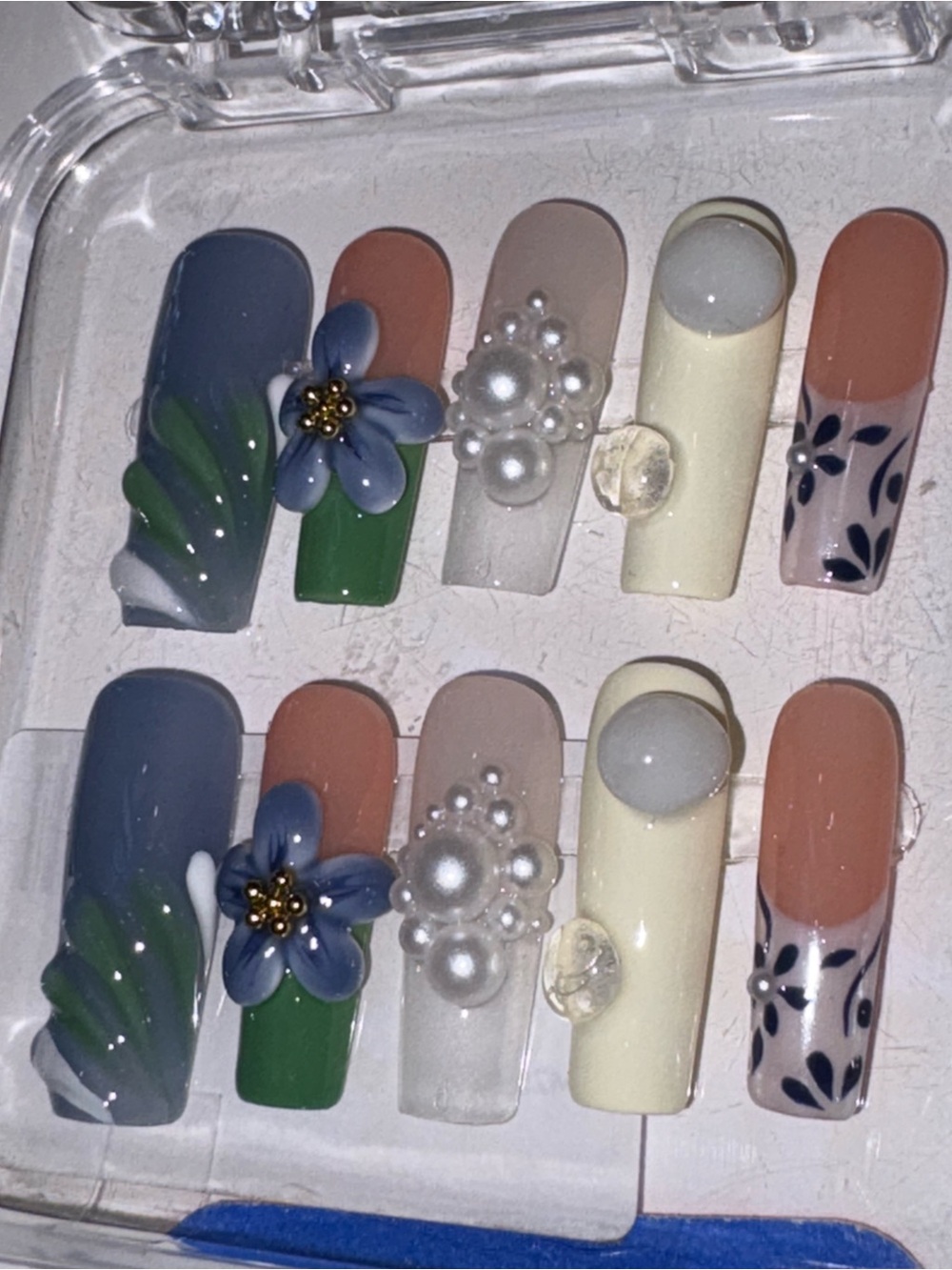 Elegant Floral & Pearl Press-On Nails in Blue, Green, Cream & Nude